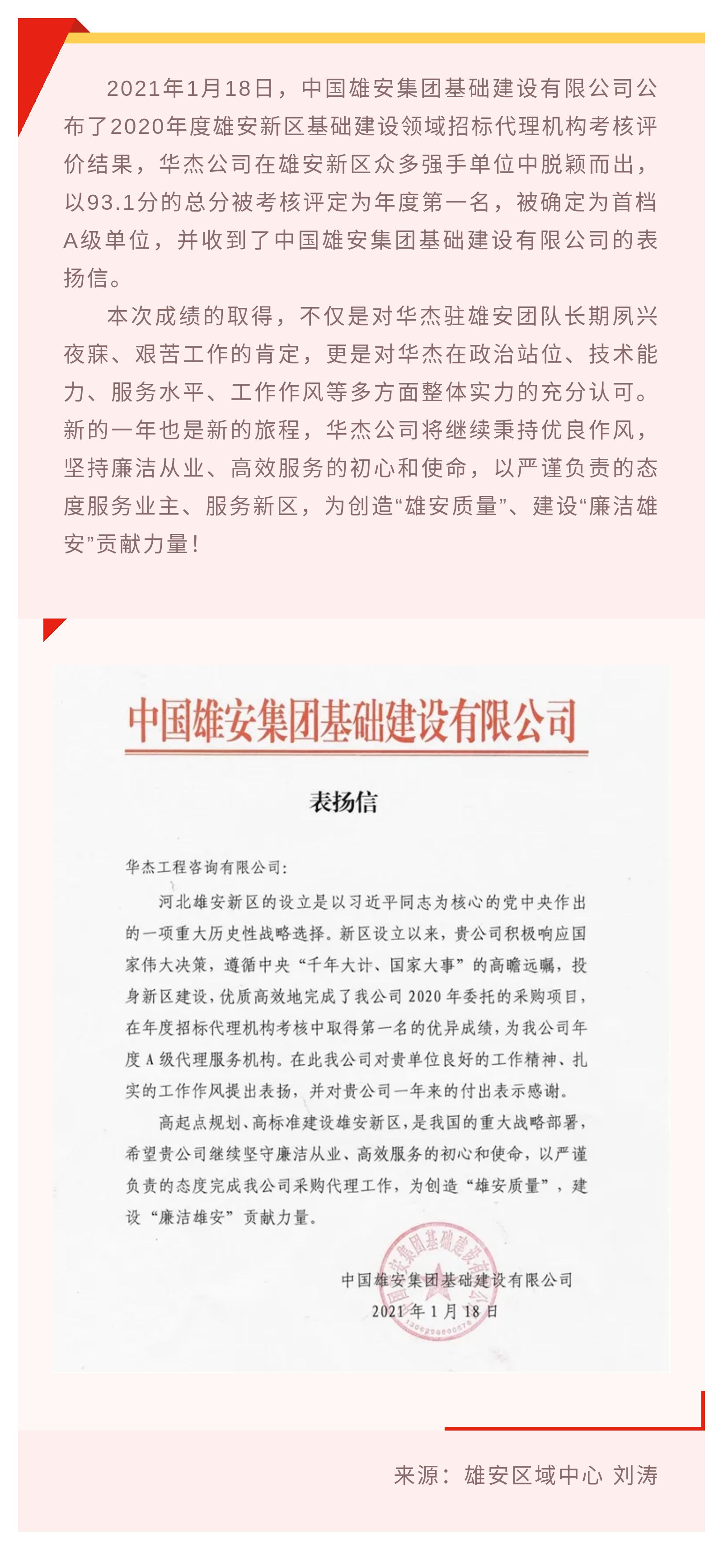 公司获雄安新区2020年度基础建设领域考核第一名并受到通报表彰 公司获雄安新区2020年度基础建设领域考核第一名并受到通报表彰